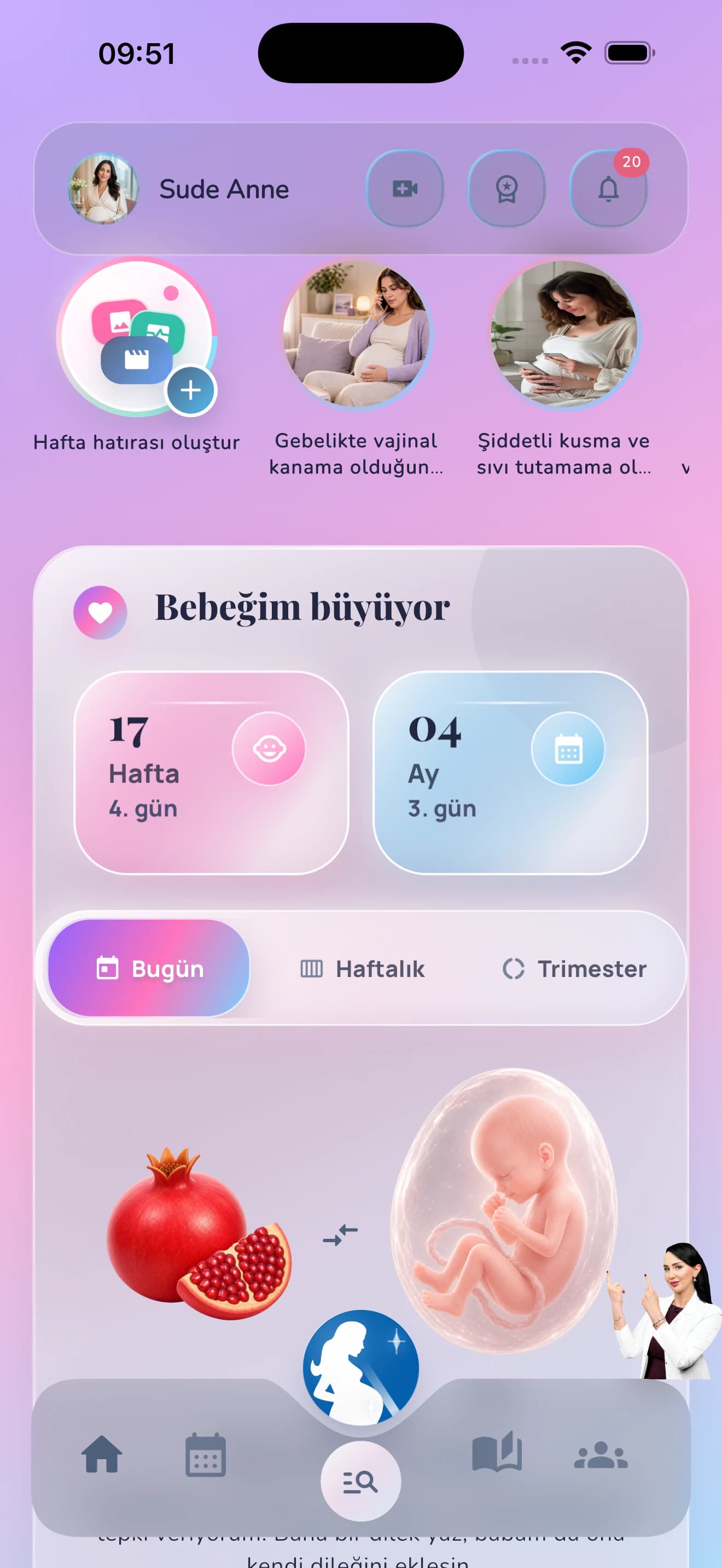 Gebelik Takibi uygulamasında hafta hafta gelişim ve kişisel takip ekranı